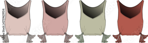 Flat fashion designs of a sleeveless camisole top with stylish fringe, shown in four distinct muted color variations for modern apparel development