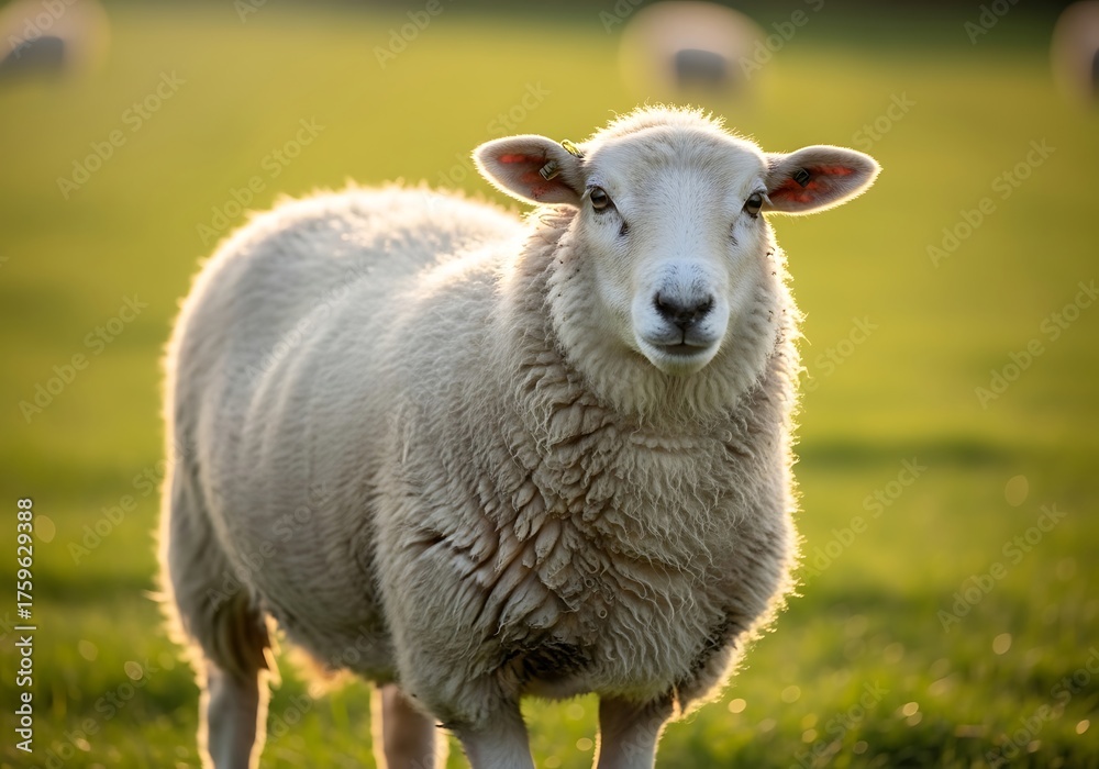 Fototapeta premium A white sheep stands in a green field, backlit by the warm sun, looking directly at the viewer.