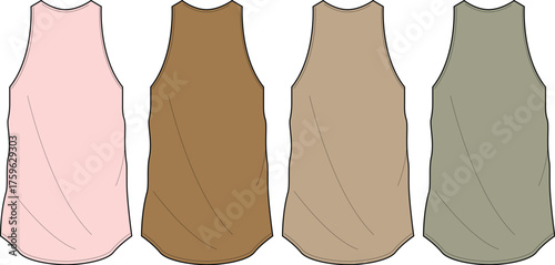 Set of four women's sleeveless tank top fashion flat technical sketches in various colors. Vector apparel template for clothing design and manufacturing