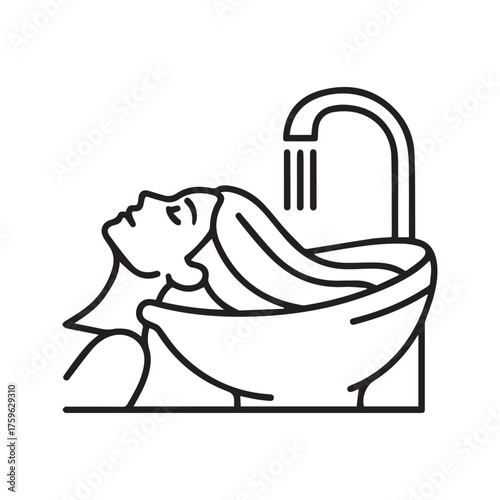 Hair washing at salon sink icon. Woman rinsing hair, beauty treatment symbol. Vector for hairdresser, shampoo, and spa services.
