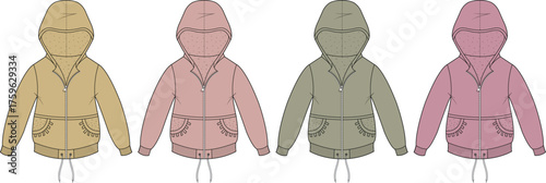 Collection of women's hooded jacket flat sketches with zip front and drawstring hem. Apparel design vector template for fashion industry in multiple colorways