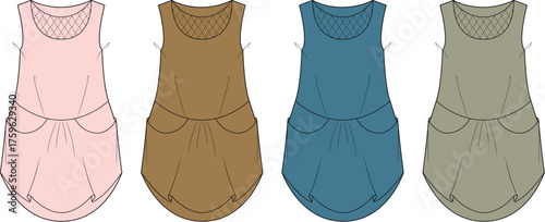 Set of women's sleeveless tunic dresses with pockets, technical fashion flat sketch. Vector illustration of a casual summer apparel template in four colorways
