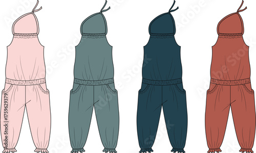 Kids girl fashion flat sketch vector template of a one-shoulder romper jumpsuit with pockets and ruffled details in multiple color options
