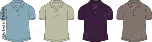 Collection of four different solid colored polo shirts displayed side by side