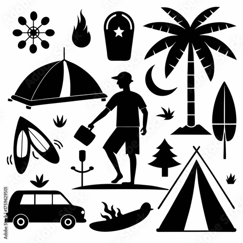 Collection of black silhouettes representing summer vacation and outdoor activities