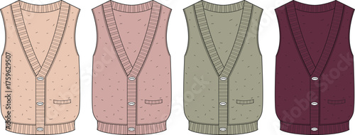 Fashion design template showing a collection of V-neck sweater vests. Sleeveless cardigan knitwear in a warm color palette vector illustration