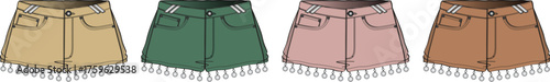 Four pairs of denim shorts with frayed hems, each in a different color tan, green, pink, and brown