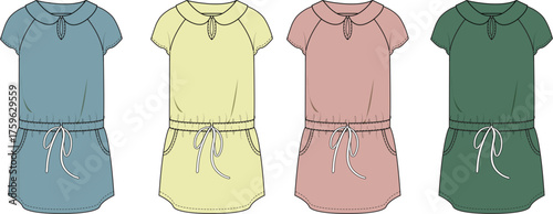 Vector collection of children's dress fashion flat sketches with Peter Pan collar, drawstring waist, and pockets, shown in four colorways