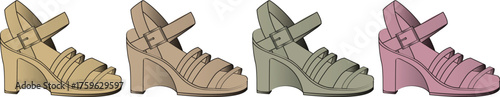 A Collection of Four Wedge Sandals in Various Earthy Tones and a Soft Pink Hue