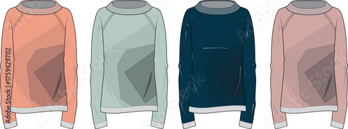 Collection of four casual long-sleeved tops in varying pastel and deep colors, perfect for everyday wear