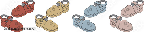 Colorful vector illustration of various children's open-toed sandals in vibrant hues, perfect for summer fun, playtime, and warm weather footwear designs