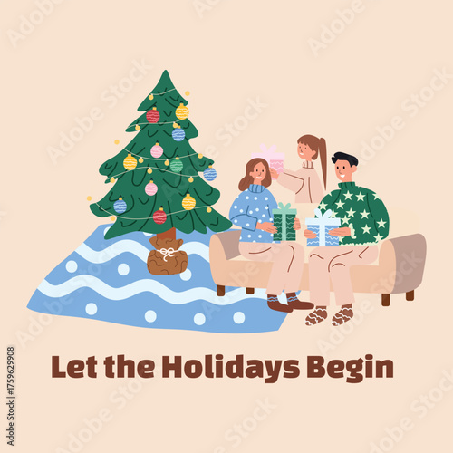 Let the Holidays Begin — Family with Children Opening Christmas Gifts under Decorated Tree at Cozy Home