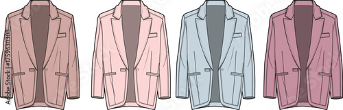 Collection of men's classic tailored suit jackets in pastel colors. Vector fashion flat technical sketch for clothing design and apparel templates