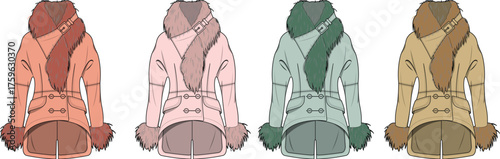 Collection of four fashion illustrations of women's winter coats in various pastel colors, showcasing stylish outerwear designs for cold weather