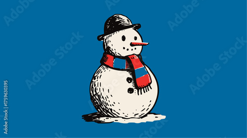 A cheerful snowman with a striped scarf and hat on blue background for winter holiday packaging and seasonal decor