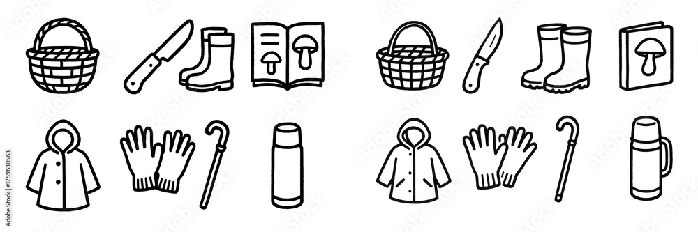Fototapeta premium Mushroom foraging icons: basket, knife, boots and more