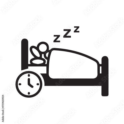 Sleeping time icon. Person in bed with a clock, symbol of healthy sleep, rest, and bedtime schedule. Simple line vector illustration.
