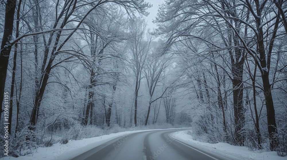 Obraz premium Cold winter journey through snowy woods.