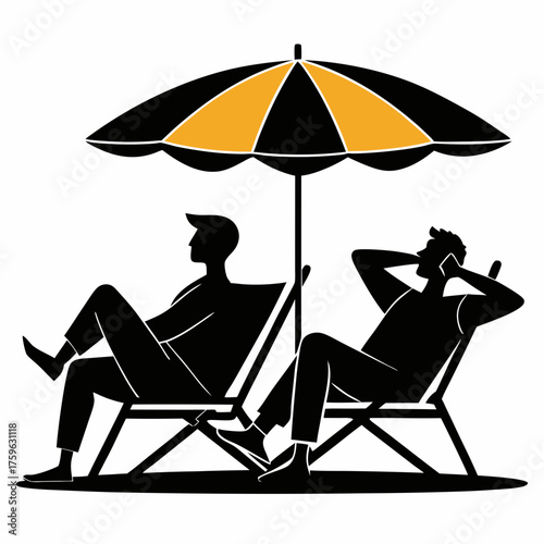 Two men relaxing on beach chairs under a striped umbrella enjoying a sunny day