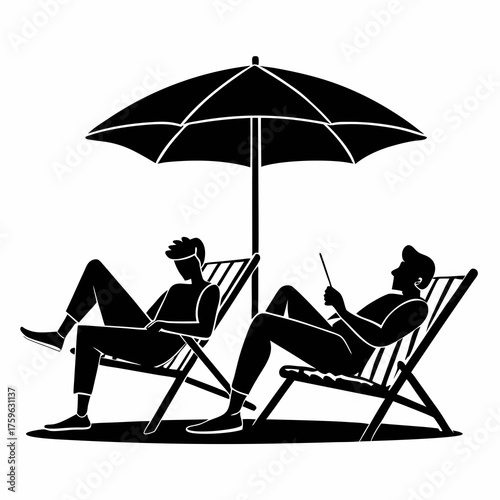 Two people relaxing on lounge chairs under a beach umbrella enjoying leisure time