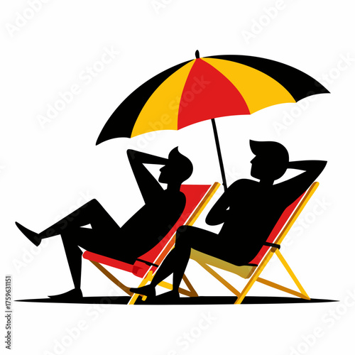 Two silhouetted figures relaxing on beach chairs under a colorful umbrella