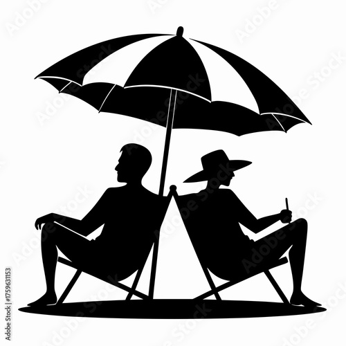 Couple relaxing under beach umbrella on chairs enjoying vacation leisure time