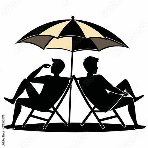 Two men relaxing in beach chairs under a striped umbrella on a sunny day