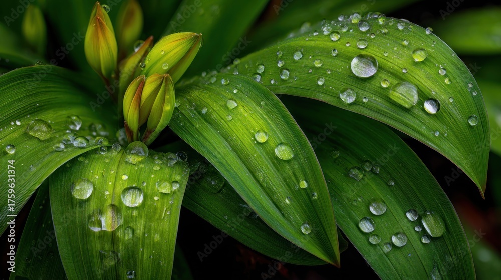 Obraz premium Green plant leaves and flower buds covered in fresh water droplets