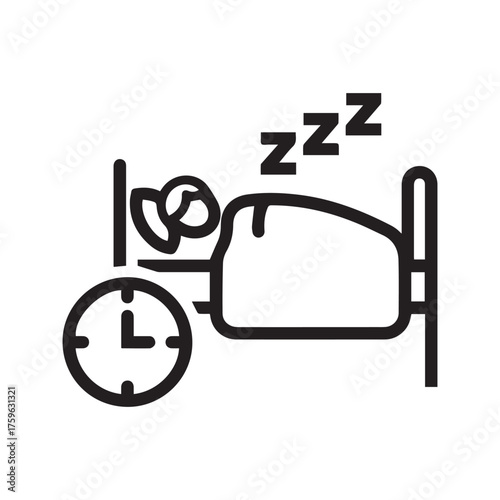 Sleeping time icon. Person in bed with a clock, symbol of healthy sleep, rest, and bedtime schedule. Simple line vector illustration.
