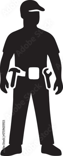 Handyman silhouette with tool belt, home repair and maintenance vector illustration, EPS file.