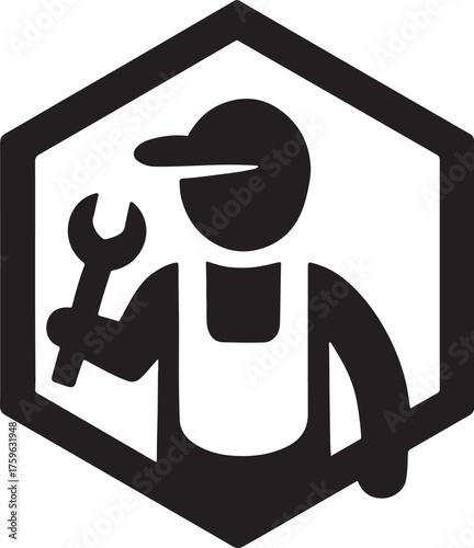 Handyman logo inside hexagon badge, home repair and construction vector, EPS design icon.
