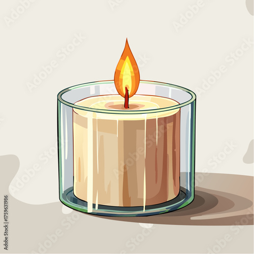 A single lit candle in a glass jar creating a warm and cozy ambiance. Vector illustration of a burning votive for relaxation and mindfulness