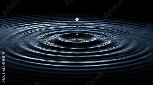 Water drop creating ripples in a dark pool of water with a black background.