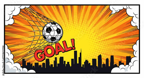 Football soccer goal pop art comic style vector background, dynamic sport illustration with explosion rays