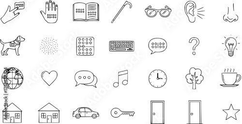 Set of diverse line art icons for accessibility, disability, sensory perception, communication, and everyday objects, including braille, guide dogs, and basic concepts.