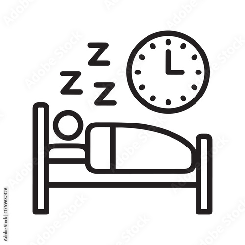 Sleeping time icon. Person in bed with a clock, symbol of healthy sleep, rest, and bedtime schedule. Simple line vector illustration.
