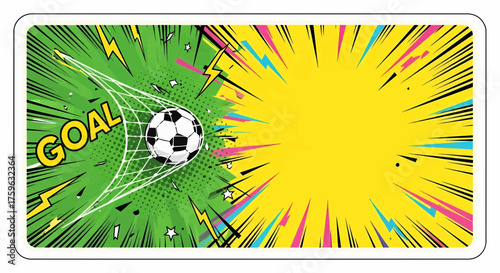Dynamic football soccer goal in a pop art comic style vector background with vibrant color explosion rays