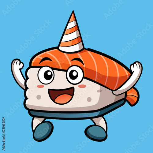 Happy salmon nigiri sushi character wearing a party hat dancing with joy