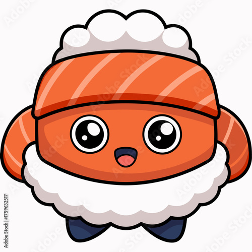 Cute kawaii salmon nigiri sushi character with big eyes and smiling mouth