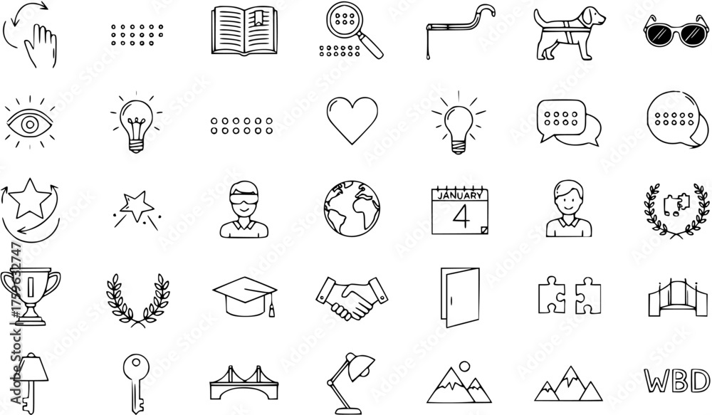 Fototapeta premium Hand-drawn Line Icons Set: Accessibility, Education, Vision Impairment, Braille, Support, Awareness, Achievement, Communication, and Global Concepts.