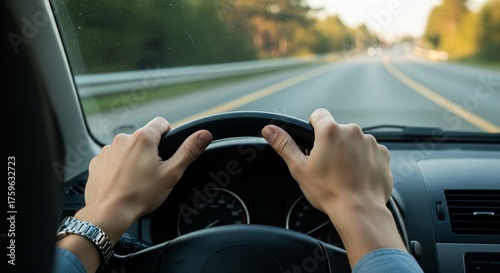 Close-up of hands on steering wheel, driving on open road during a sunny day