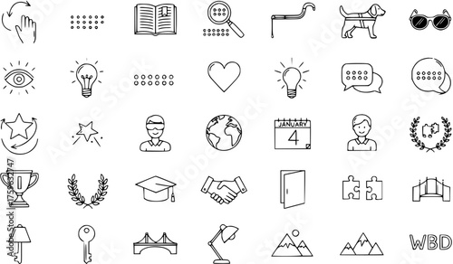 Hand-drawn Line Icons Set: Accessibility, Education, Vision Impairment, Braille, Support, Awareness, Achievement, Communication, and Global Concepts.
