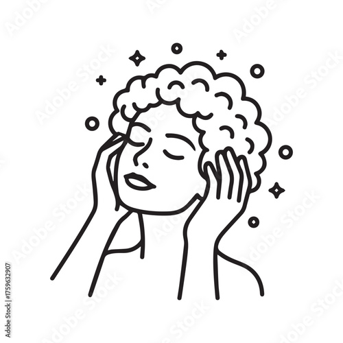 Woman washing hair with shampoo line icon. Symbol of hygiene, haircare, and beauty salon. Simple vector illustration for clean, shiny hair treatment.
