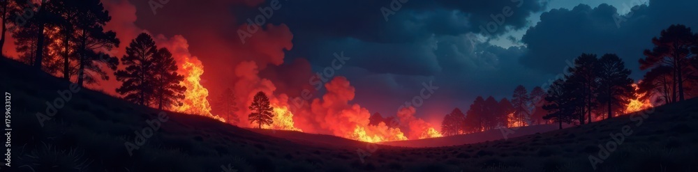 Fototapeta premium Fiery inferno consumes forest at night Dark silhouettes of burning trees against night sky , consequences, orange, burning trees