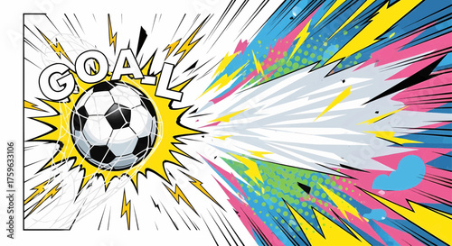 Dynamic sport illustration of a football goal in vibrant pop art comic style with explosion retro rays