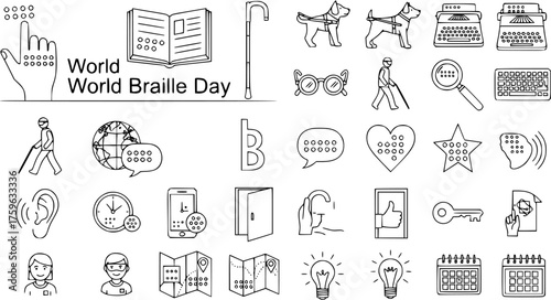 World Braille Day Icons Set: Braille, Accessibility  Visual Impairment. Line art collection for blind education, awareness, communication, and inclusive design.