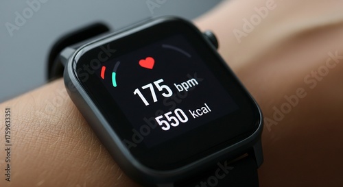 Smartwatch displaying elevated heart rate and active calorie expenditure