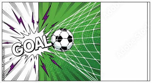 Dynamic pop art comic style football soccer goal. Energetic sport illustration with retro explosion rays