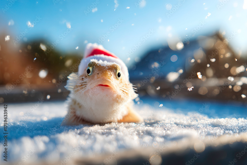 Fototapeta premium Plaice wearing Santa hat on snowy ground flatfish winter holiday concept