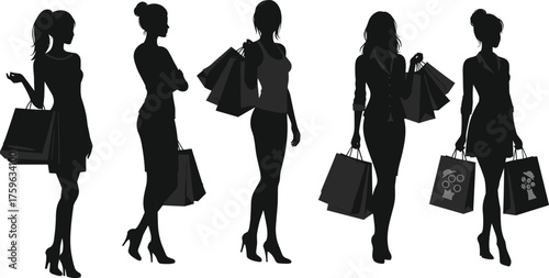 Women shopping silhouettes, fashion bags, retail gesture, stylish posture, consumer behavior, high heels, purchase moment, lifestyle elegance, urban activity, silhouette art